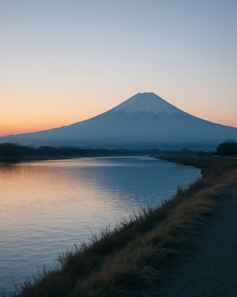 わたぼうし短歌帖「冬川に ひかりを残し 富士暮るる
土手のしずけさ 胸に沈みぬ」短歌イメージ画像
