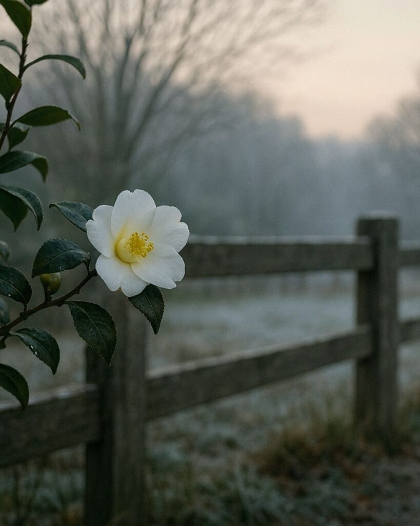 わたぼうし短歌帖「寒風に 侘助はただ 白くあり
柵の向こうで 朝は澄みゆく」短歌イメージ画像