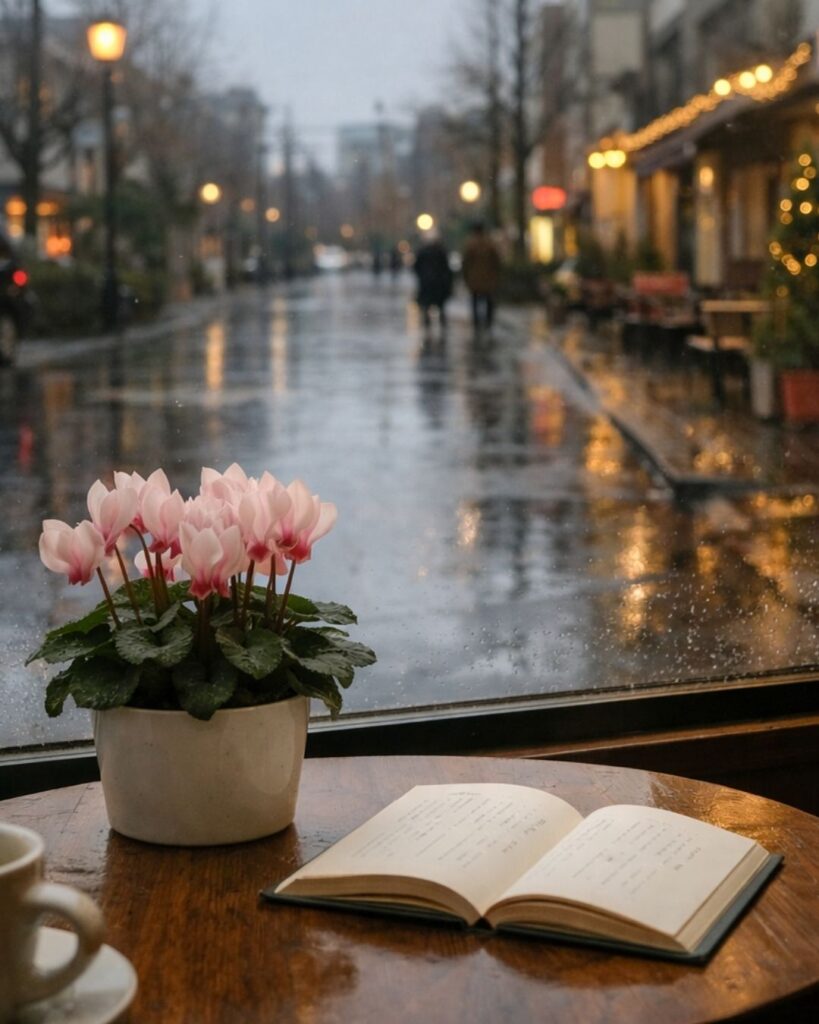 わたぼうし短歌帖「聖誕を　濡れし街路に　眺めつつ
シクラメン添へ　頁ひらきぬ」短歌イメージ画像