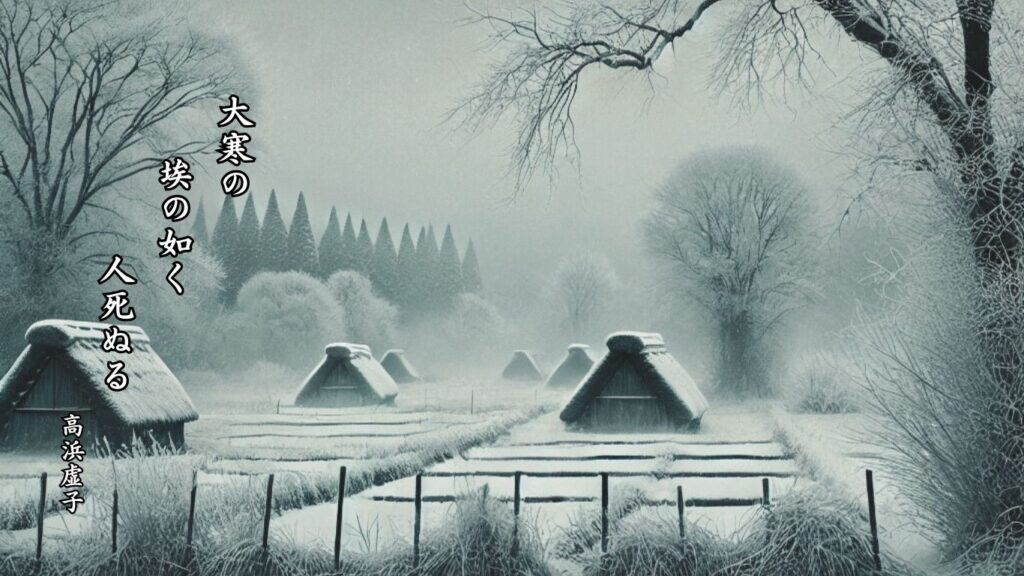 冬の時候季語12選vol.2-有名俳人の句で知る季節のことば「大寒」『大寒の　埃の如く　人死ぬる』「高浜虚子」の俳句のイメージイラスト画像
