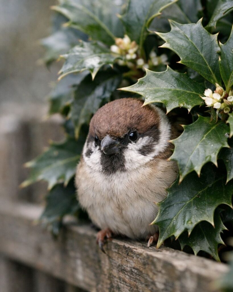 わたぼうし短歌帖「ひいらぎの 葉っぱのすきまに すずめ来て
まるい身のまま 飛びにけり」短歌イメージ画像