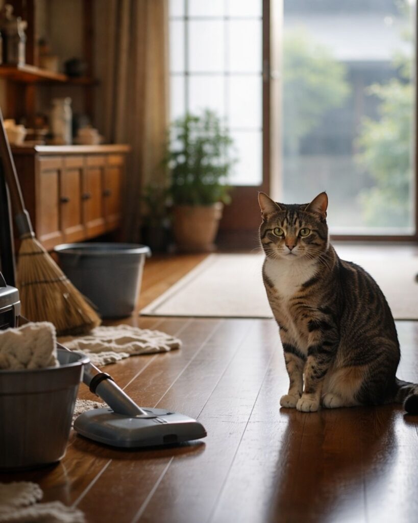 わたぼうし短歌帖「年の暮れ 掃除の音に 猫は居て
黙したままに 我を見てをり」短歌イメージ画像