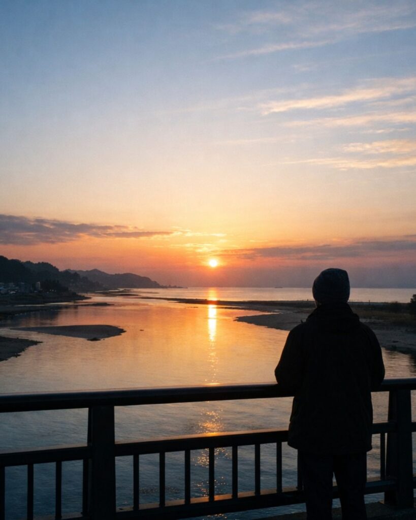 わたぼうし短歌帖「初日とは　知らずに空の　ひらけきて
立ちどまりたる　手のあたたかさ」短歌イメージ画像