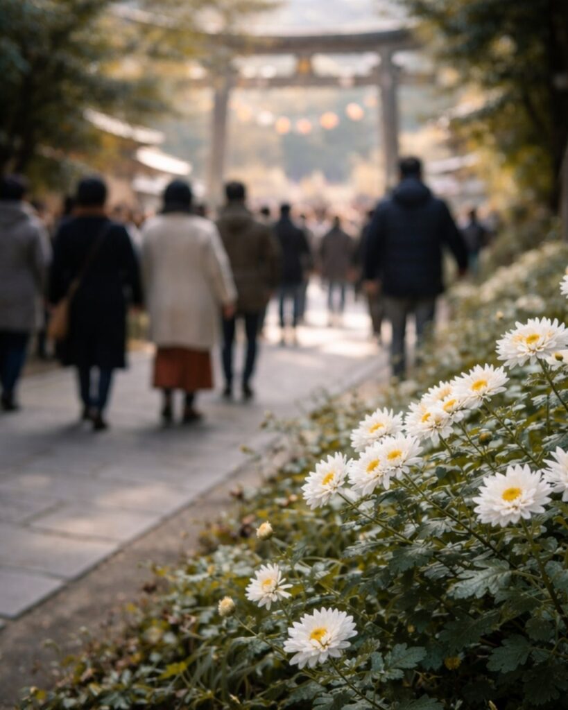 わたぼうし短歌帖「年はじめ　万年床を　出た先に
人より先に　冬菊笑ふ」短歌イメージ画像