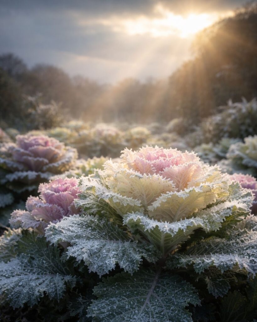 わたぼうし短歌帖「霜立ちて 初日降りにし 葉牡丹の
花弁の底へ 年をあづけり」短歌イメージ画像