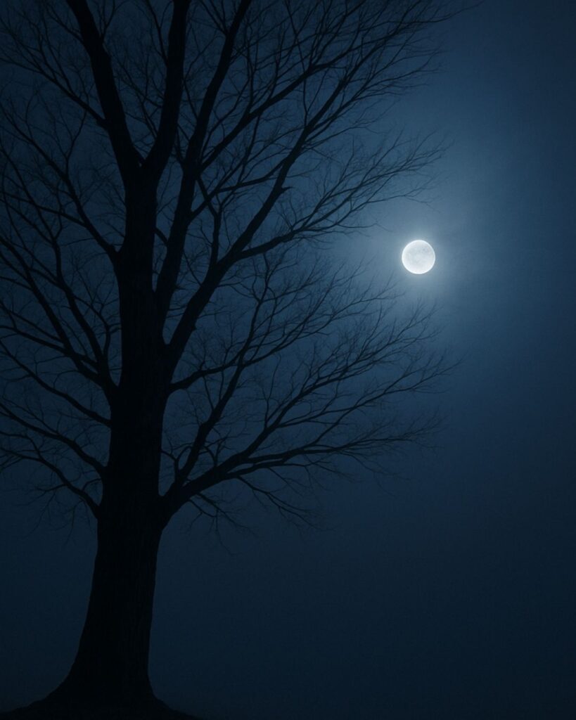 わたぼうし短歌帖「枯木ゆえ　ひと息退きて　見上ぐれば
月夜のひかり　冬を深めぬ」短歌イメージ画像