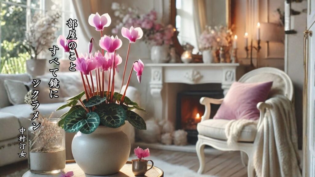 冬の植物季語12選vol.1-有名俳人の句で知る季節のことば「シクラメン」『部屋のこと すべて鏡に シクラメン』「中村汀女」の俳句のイメージイラスト画像