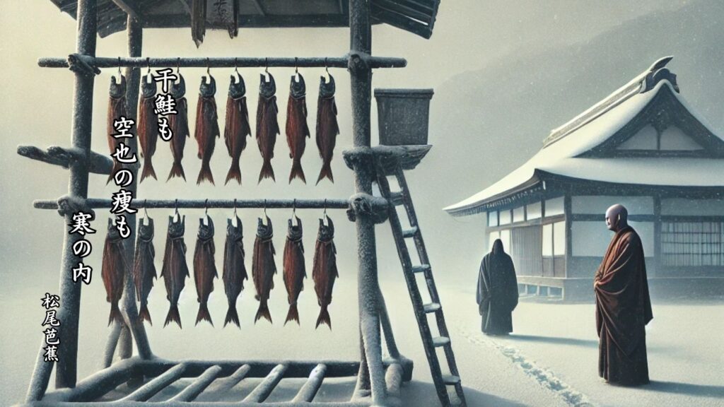 冬の時候季語12選vol.2-有名俳人の句で知る季節のことば「寒の内」『干鮭も　空也の痩も　寒の内』「松尾芭蕉」の俳句のイメージイラスト画像
