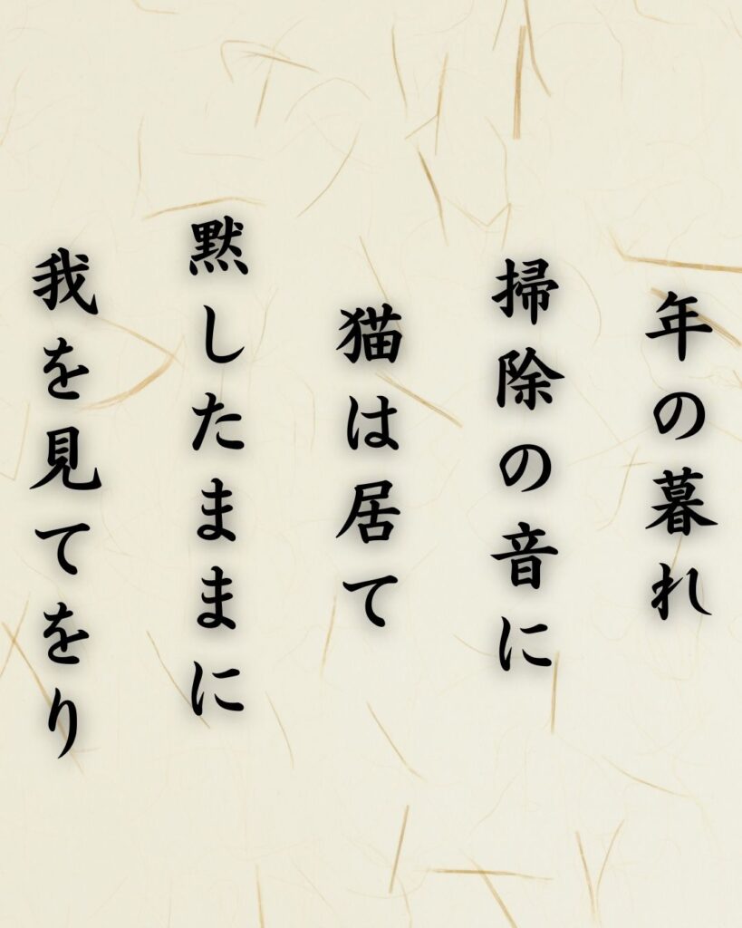 わたぼうし短歌帖「年の暮れ 掃除の音に 猫は居て
黙したままに 我を見てをり」短歌テキスト画像