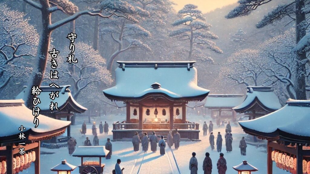 冬の行事季語12選vol.1-有名俳人の句で知る季節のことば「札納」『守り札 古きはへがれ 給ひけり』「小林一茶」の俳句のイメージイラスト画像