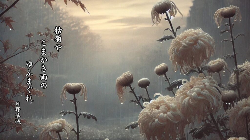 冬の植物季語12選vol.1-有名俳人の句で知る季節のことば「枯菊」『枯菊や こまかき雨の ゆふまぐれ』「日野草城」の俳句のイメージイラスト画像