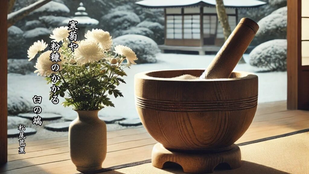 冬の植物季語12選vol.1-有名俳人の句で知る季節のことば「寒菊」『寒菊や 粉糠のかかる 臼の端』「松尾芭蕉」の俳句のイメージイラスト画像