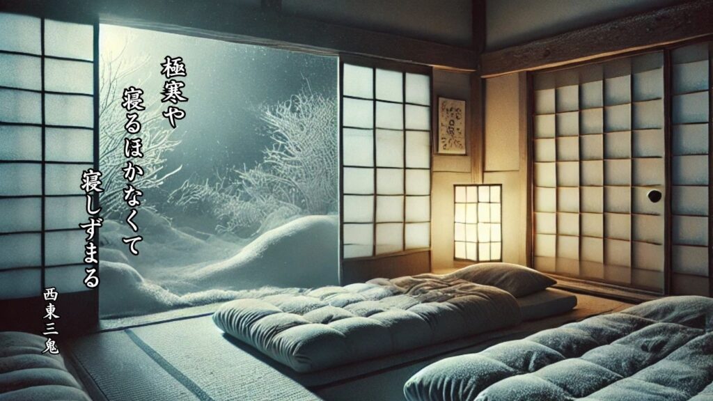 冬の時候季語12選vol.2-有名俳人の句で知る季節のことば「極寒」『極寒や　寝るほかなくて　寝しずまる』「西東三鬼」の俳句のイメージイラスト画像
