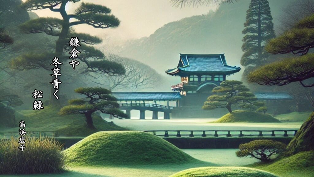 冬の植物季語12選vol.1-有名俳人の句で知る季節のことば「冬草」『鎌倉や 冬草青く 松緑』「高浜虚子」の俳句のイメージイラスト画像