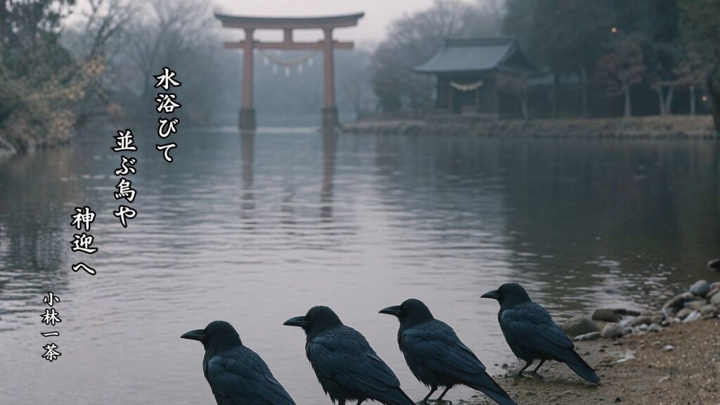 冬の行事季語12選vol.1-有名俳人の句で知る季節のことば「神迎」『水浴びて 並ぶ烏や 神迎へ』「小林一茶」の俳句のイメージイラスト画像