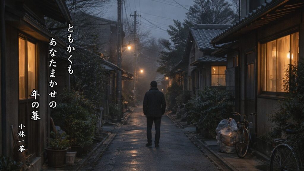 冬の時候季語12選vol.2-有名俳人の句で知る季節のことば「年の暮」『ともかくも　あなたまかせの　年の暮』「小林一茶」の俳句のイメージイラスト画像
