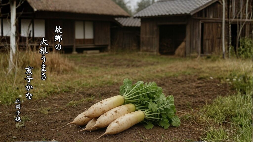 冬の行事季語12選vol.1-有名俳人の句で知る季節のことば「亥の子」『故郷の 大根うまき 亥子かな』「正岡子規」の俳句のイメージイラスト画像