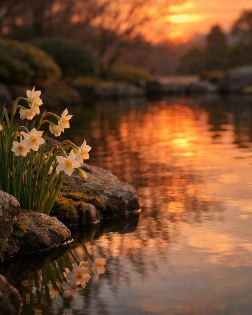 末吉俳句日記「水仙や　茜装い　池の縁」俳句イメージ画像