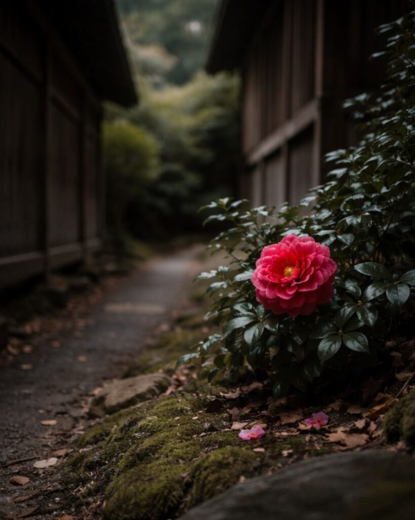 末吉俳句日記「寒椿　伽藍に寄りて　八重咲けり」俳句イメージ画像