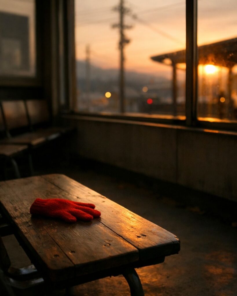 末吉俳句日記「待合に　赤き手袋　ひとつかな」俳句イメージ画像