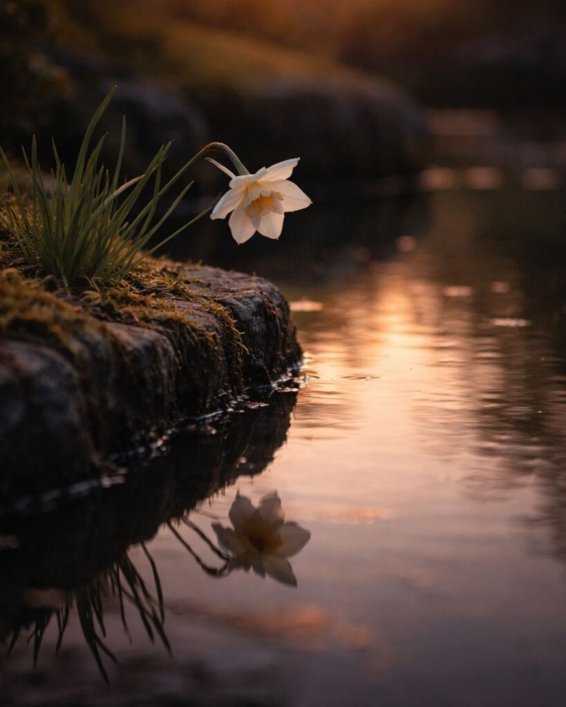 わたぼうし短歌帖「水仙の 縁にぽつりと 夕染めて
影のすがたを そっと覗きぬ」短歌イメージ画像