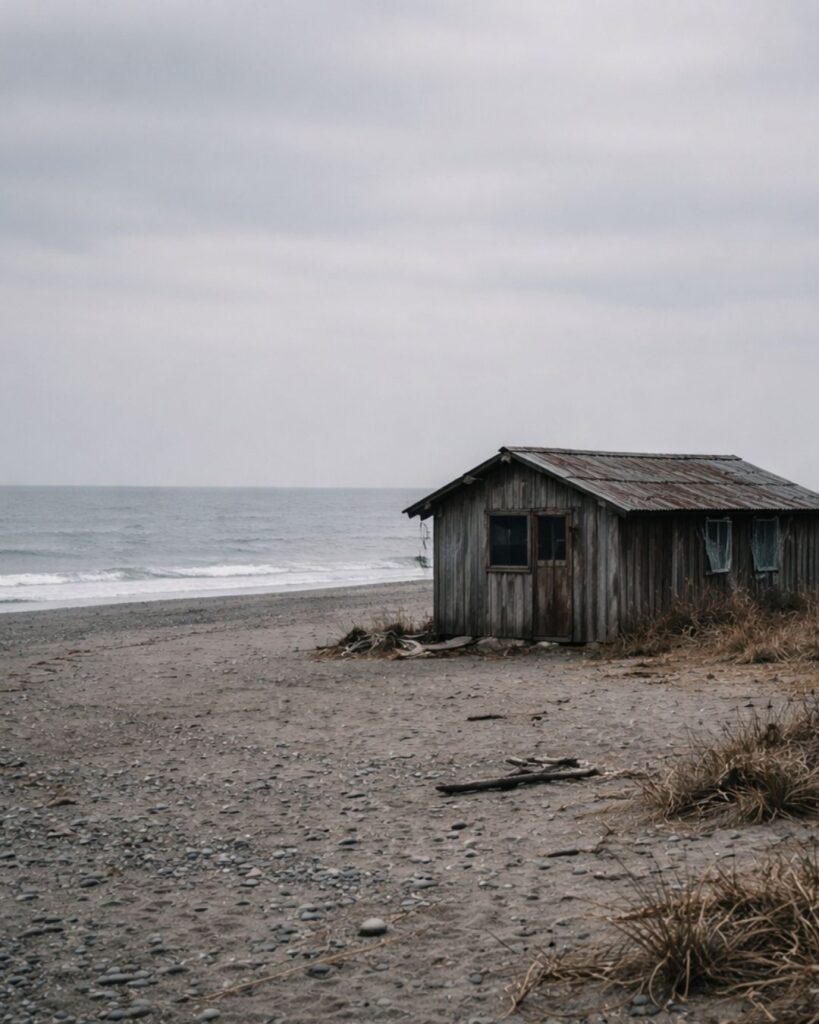 わたぼうし短歌帖「冬凪や 浜にぽつりと 海小屋の
隙間風のみ 波音遠し」短歌イメージ画像