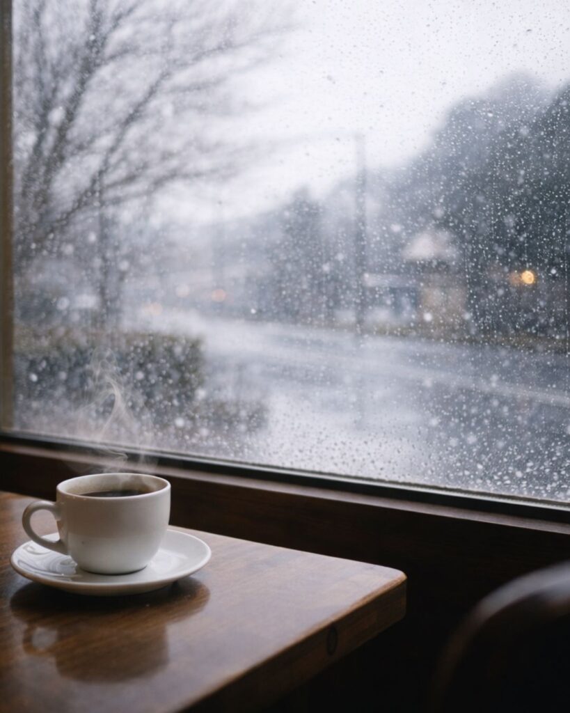 わたぼうし短歌帖「窓越しに 雨かと思へば 霙降り
席を立たずに 午後を眺むる」短歌イメージ画像
