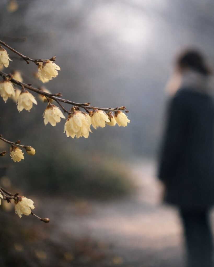 わたぼうし短歌帖「蝋梅に そっと近づく やさしさに
うつむく君へ 香り紛らす」短歌イメージ画像