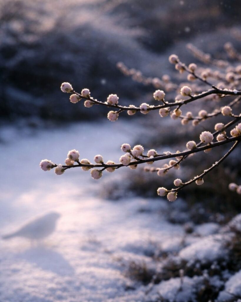 わたぼうし短歌帖「冴える朝 梅の枝先 影みせて
ふくらむ蕾 まだ見つめをり」短歌イメージ画像