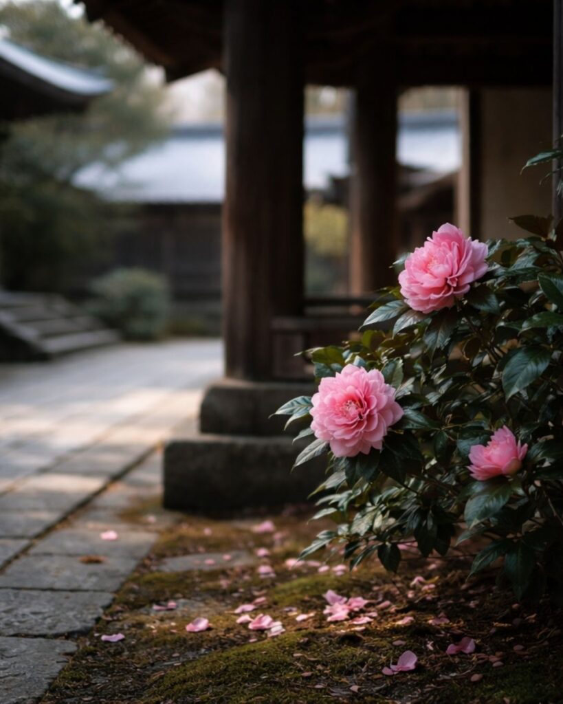 わたぼうし短歌帖「人影の 薄れし寺に 伽藍寄り
八重の椿は ただ咲きてあり」短歌イメージ画像