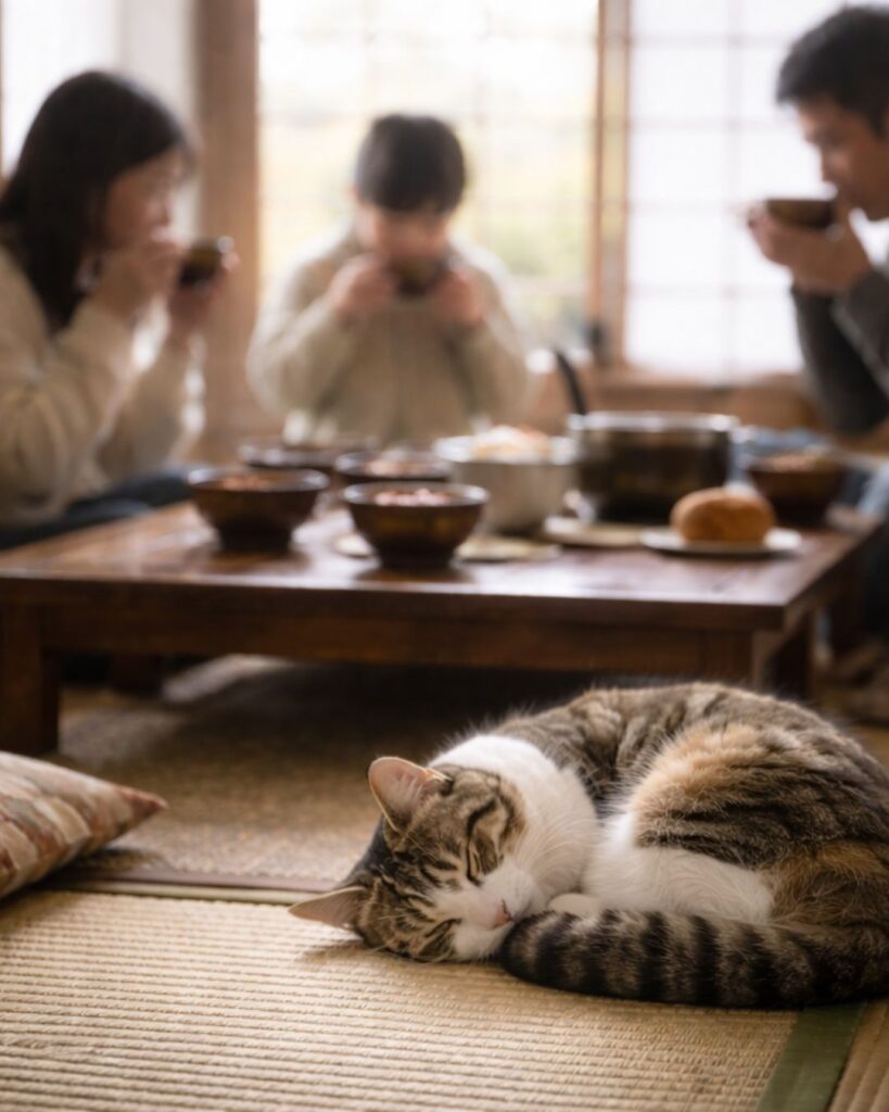 わたぼうし短歌帖「鏡開き お汁粉すする 座の端に
猫も混じりて ゆるり過ぎゆく」短歌イメージ画像