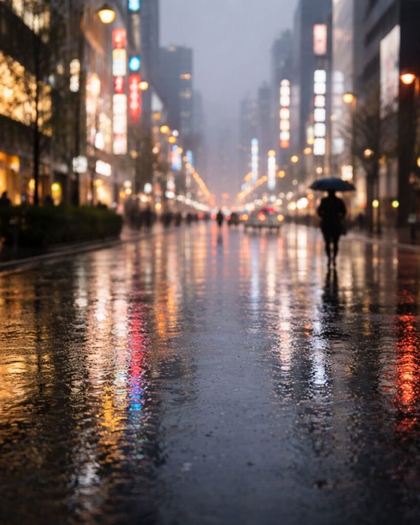 末吉俳句日記「春雨や　色に残りし　銀座の灯」俳句イメージ画像