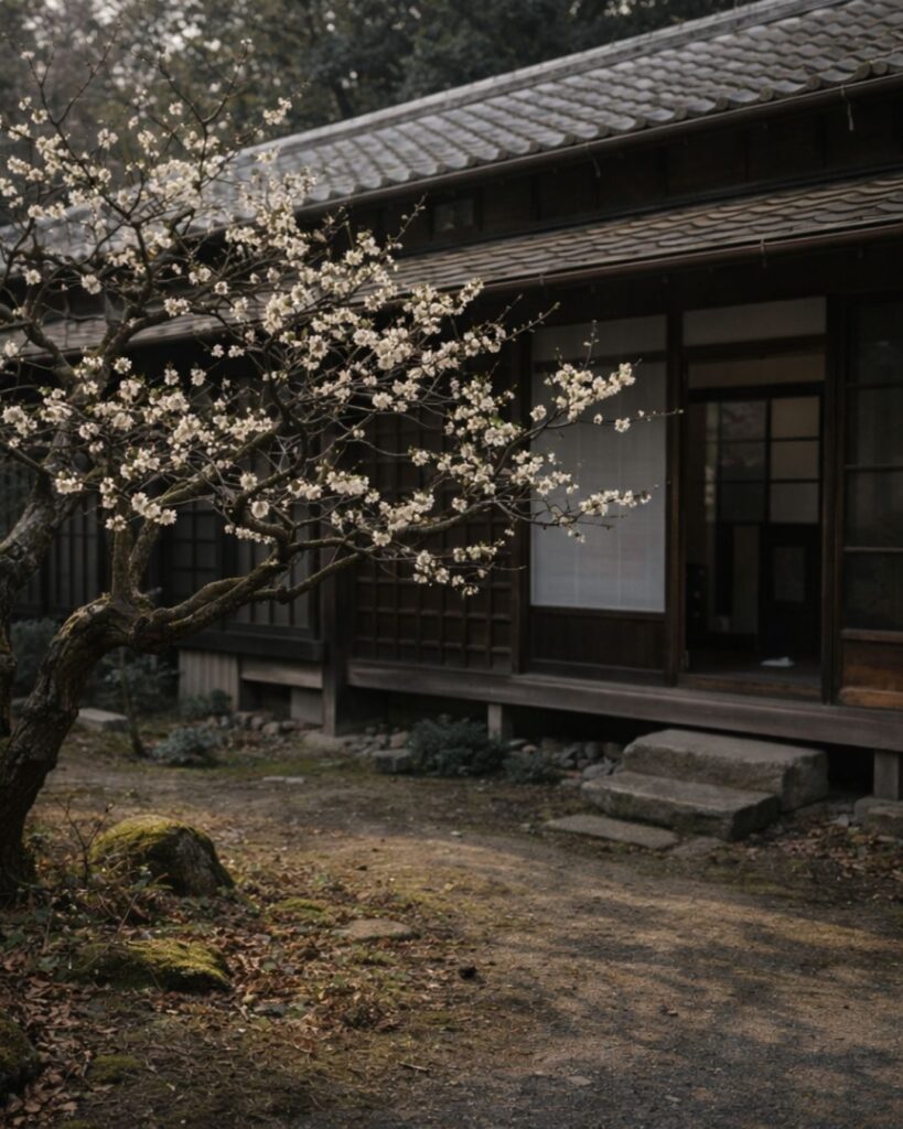 末吉俳句日記「しら梅や　平屋の庭に　年を添へ」俳句イメージ画像