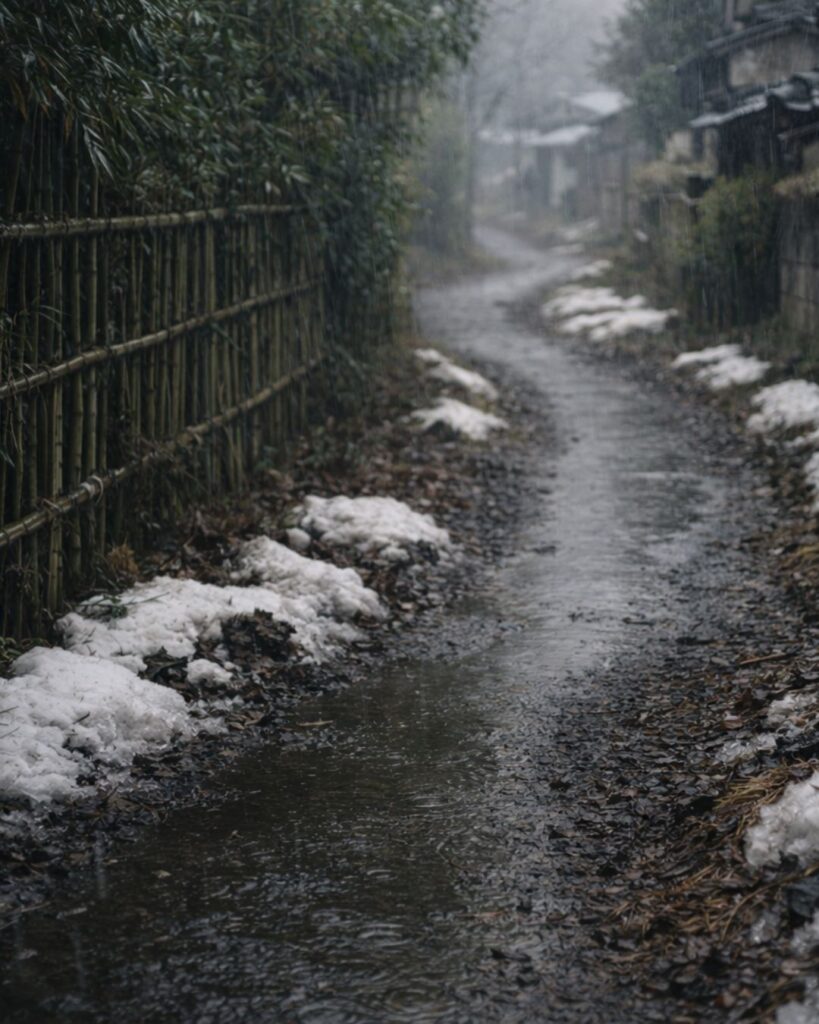 末吉俳句日記「残雪や　黒む小径の　ほどく雨」俳句イメージ画像
