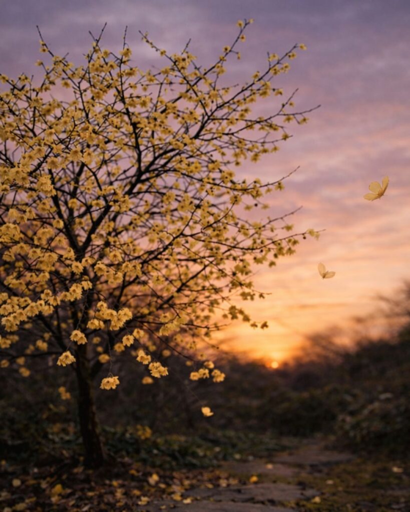 わたぼうし短歌帖「蝋梅の うつむき散りて 足もとに
淡き色のみ ひそとありけり」短歌イメージ画像