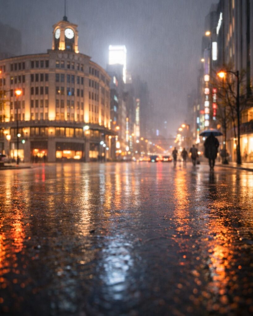 わたぼうし短歌帖「春の雨　傘もひらかず　帰りゆく
灯の色ばかり　滲みひろがる」短歌イメージ画像