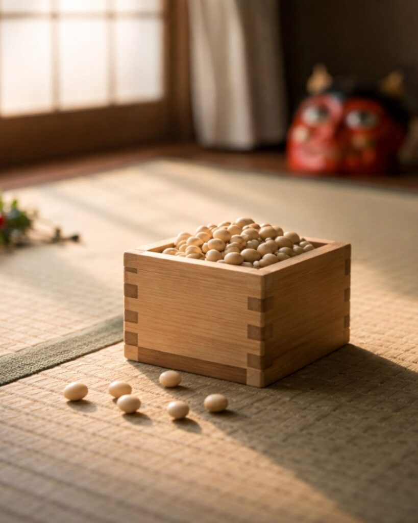 わたぼうし短歌帖「節分の 升は整ひ 豆白し
明日へ零れて 季節を口に」短歌イメージ画像