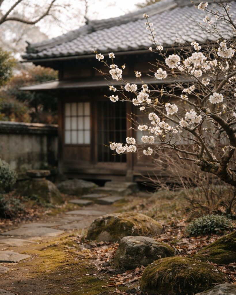 わたぼうし短歌帖「白梅は　古き庭にて　咲きにけり　
家とともにて　時を受けをり」短歌イメージ画像
