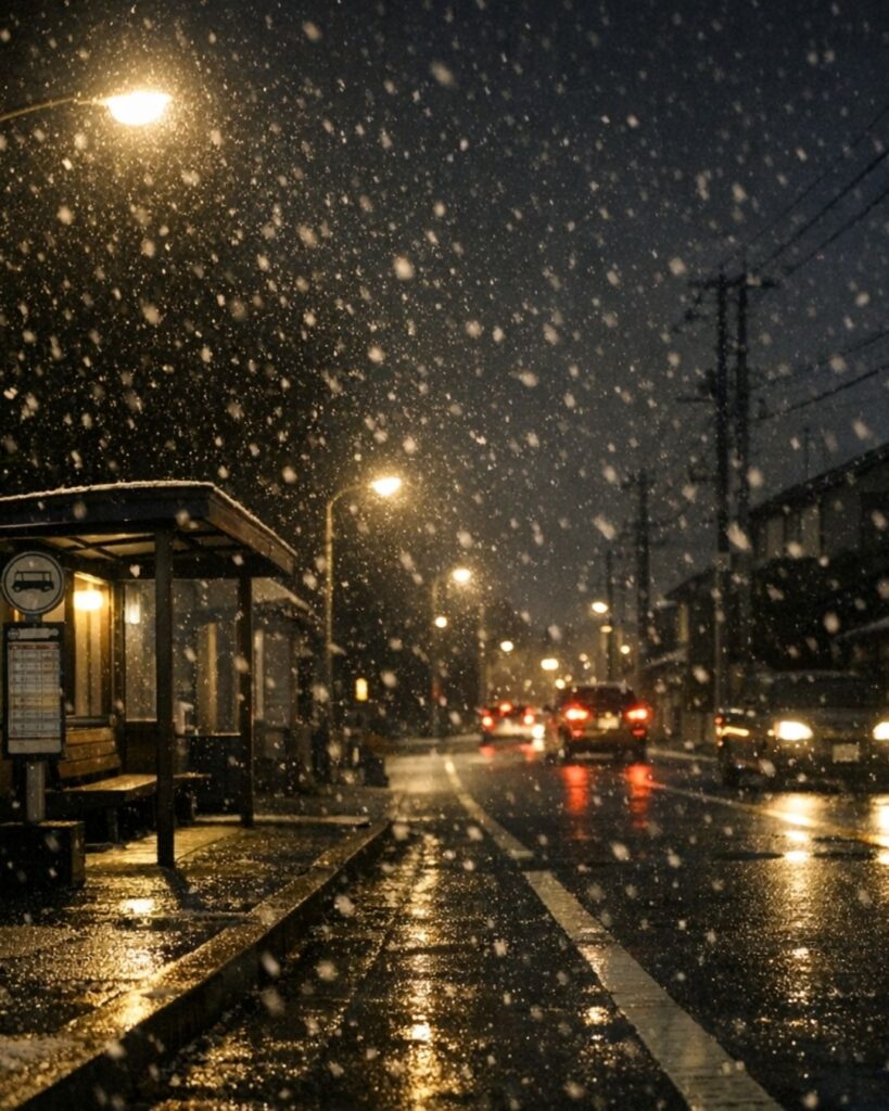 わわたぼうし短歌帖「淡雪の　街路に触れて　消ゆるまで
母の気配を　ただ待ちにけり」短歌イメージ画像