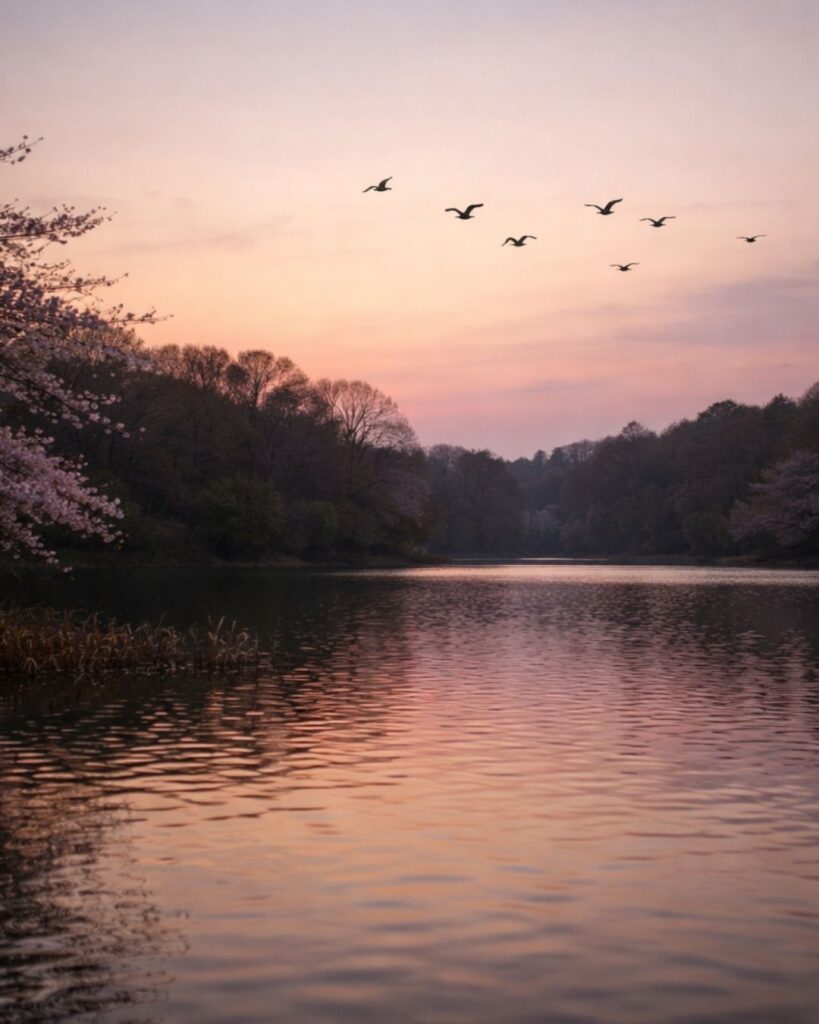 末吉俳句日記「鴨帰る　行きつ戻りつ　夕に消ゆ」俳句イメージ画像