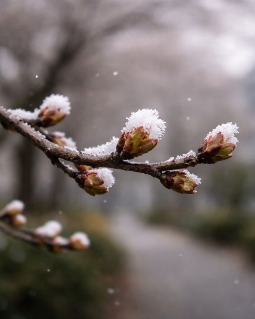 末吉俳句日記「桜の芽　雪をかぶせて　ありのまま」俳句イメージ画像