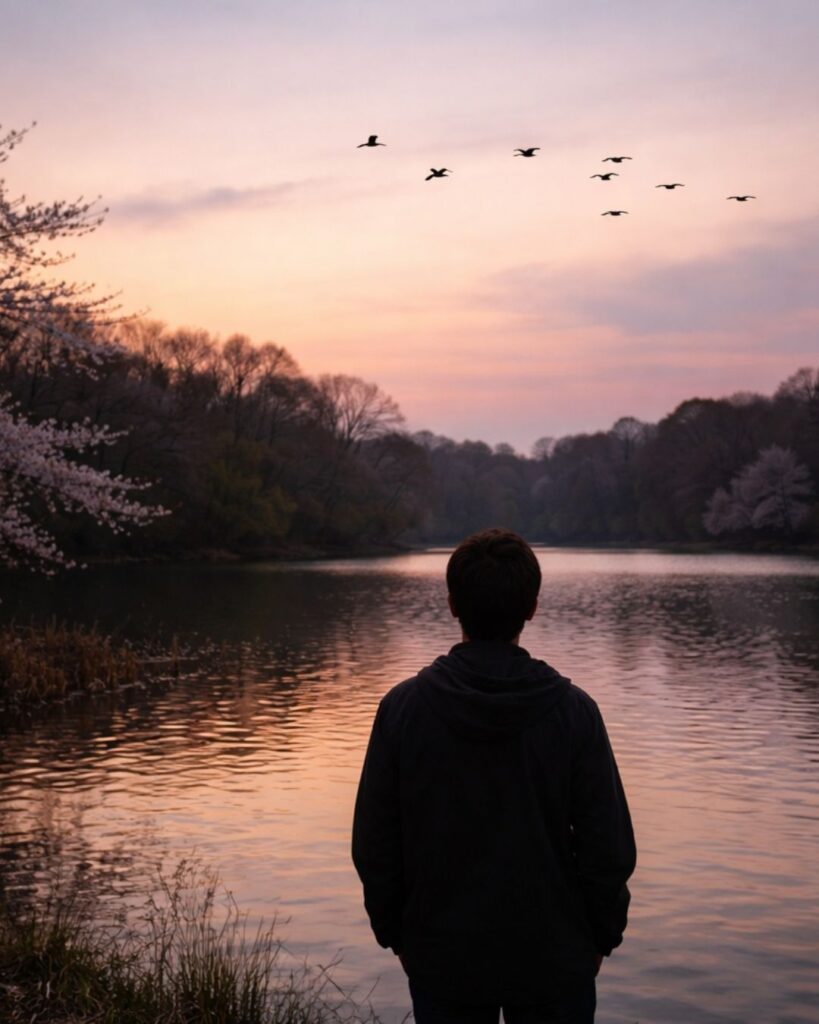 わたぼうし短歌帖「夕空に 鴨の帰りじ ためらひて
われはとどまる 水のほとりに」短歌イメージ画像