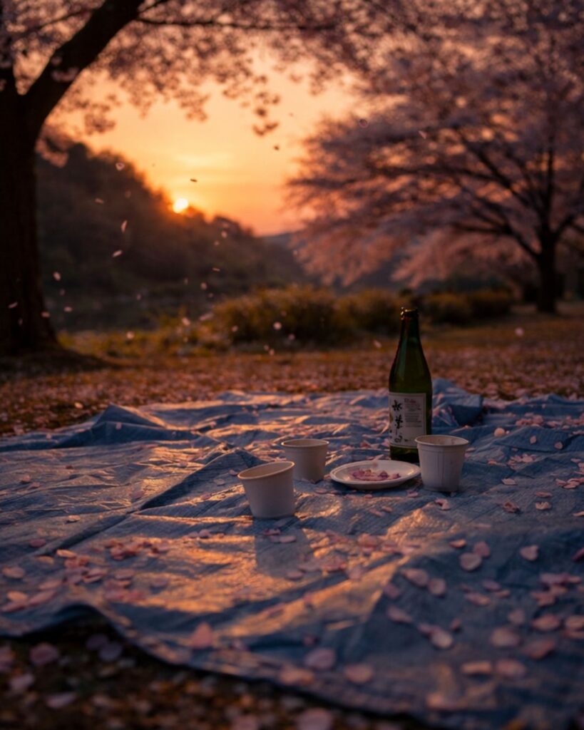わたぼうし短歌帖「花のもと 杯とりて また仰ぐ
くりかへされし 時のみ残る」短歌イメージ画像