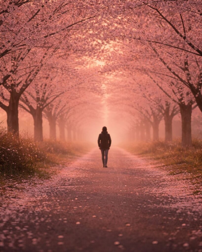 わたぼうし短歌帖「桜道 かすみゆく先 歩みつつ
見ゆるかぎりは さらに遠のく」短歌イメージ画像