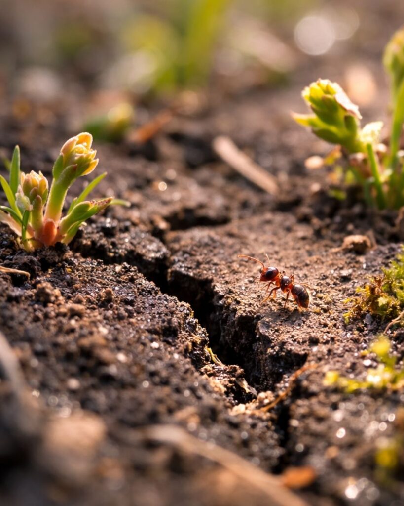 わたぼうし短歌帖「黒き土　裂け目の奥の　小さきもの
ひょいと現れ　歩み出でたり」短歌イメージ画像