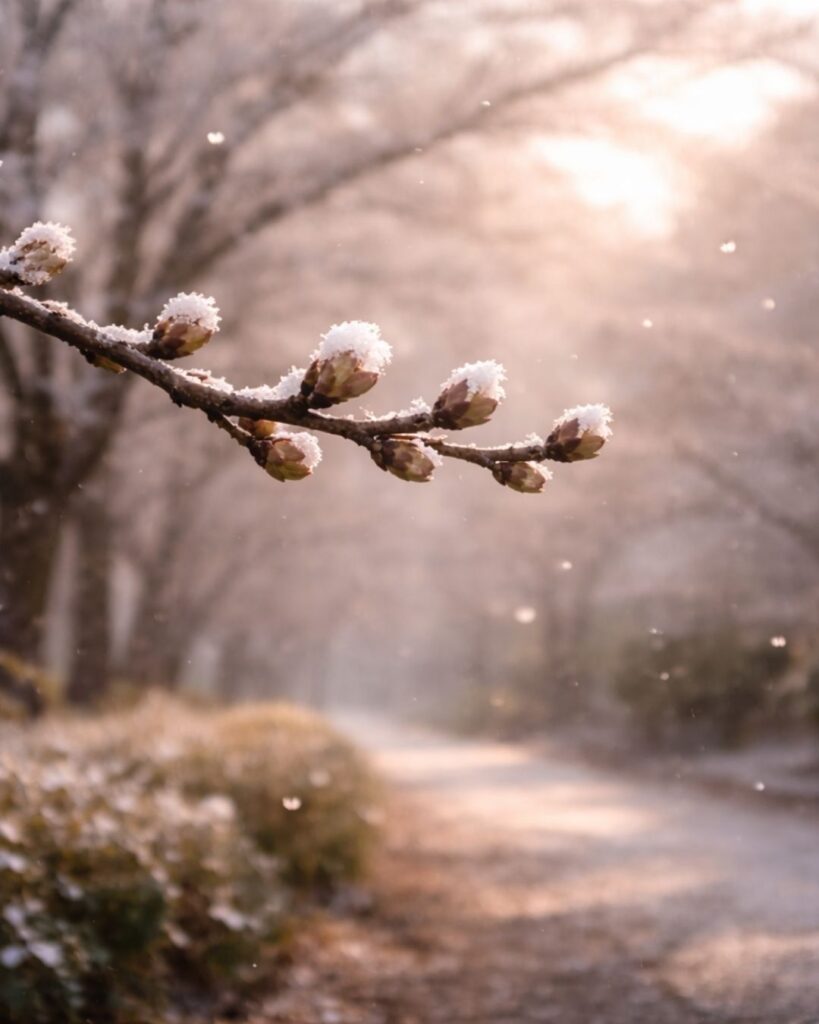 わたぼうし短歌帖「春の雪　桜の蕾　かぶりゐる
薄き帽子が　そっと並びぬ」短歌イメージ画像