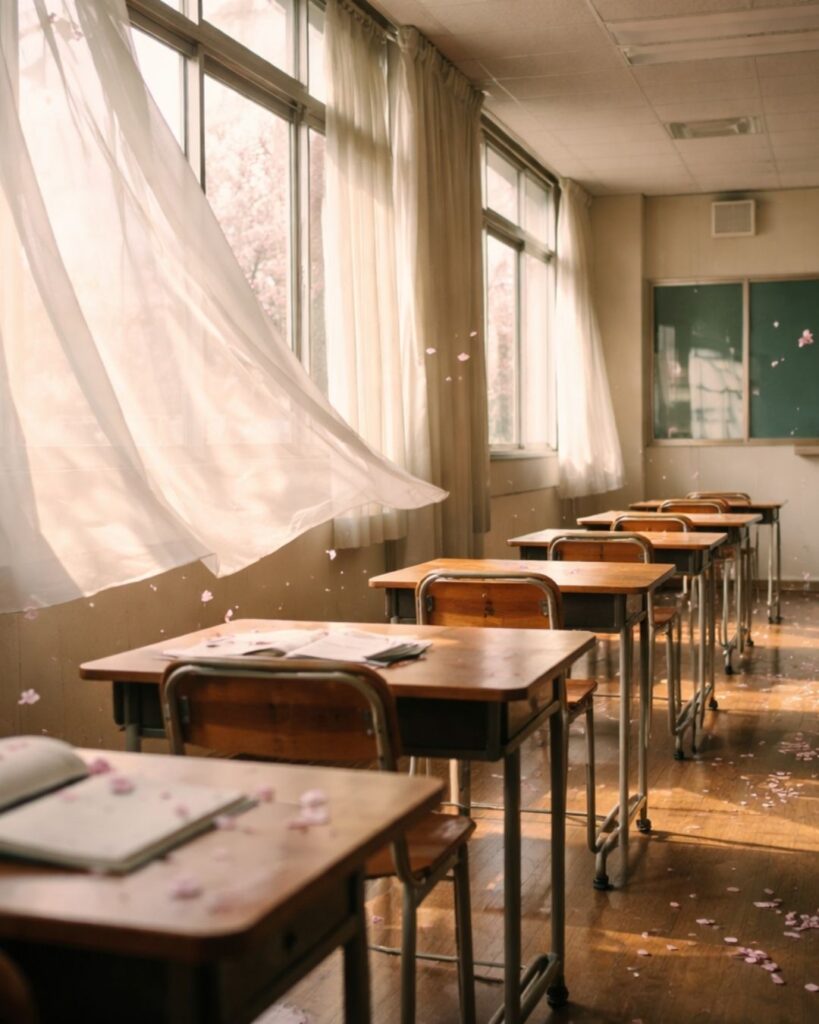 わたぼうし短歌帖「卒業歌　遠のく声は　見えぬまま
教室の奥に　春残りけり」短歌イメージ画像