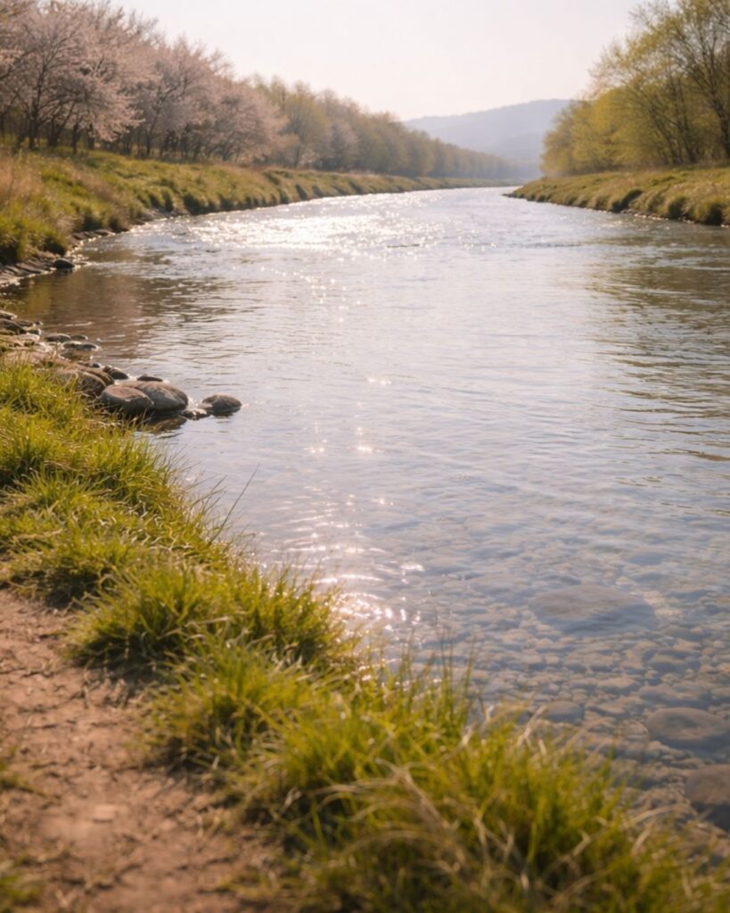 わたぼうし短歌帖「春の川 細きひかりの ゆらぎつつ
土手をゆく足 ゆるみゆきたり」短歌イメージ画像