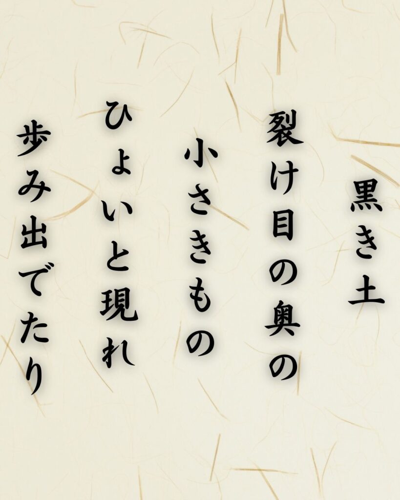 わたぼうし短歌帖「黒き土　裂け目の奥の　小さきもの
ひょいと現れ　歩み出でたり」短歌テキスト画像