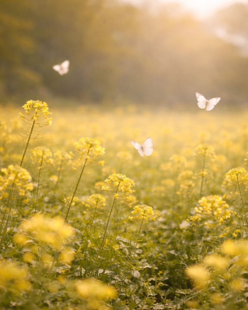 わたぼうし短歌帖「菜の花の　ひろがる野辺に　風ゆれて
蝶のゆきかひ　あはひへゆきぬ」短歌イメージ画像